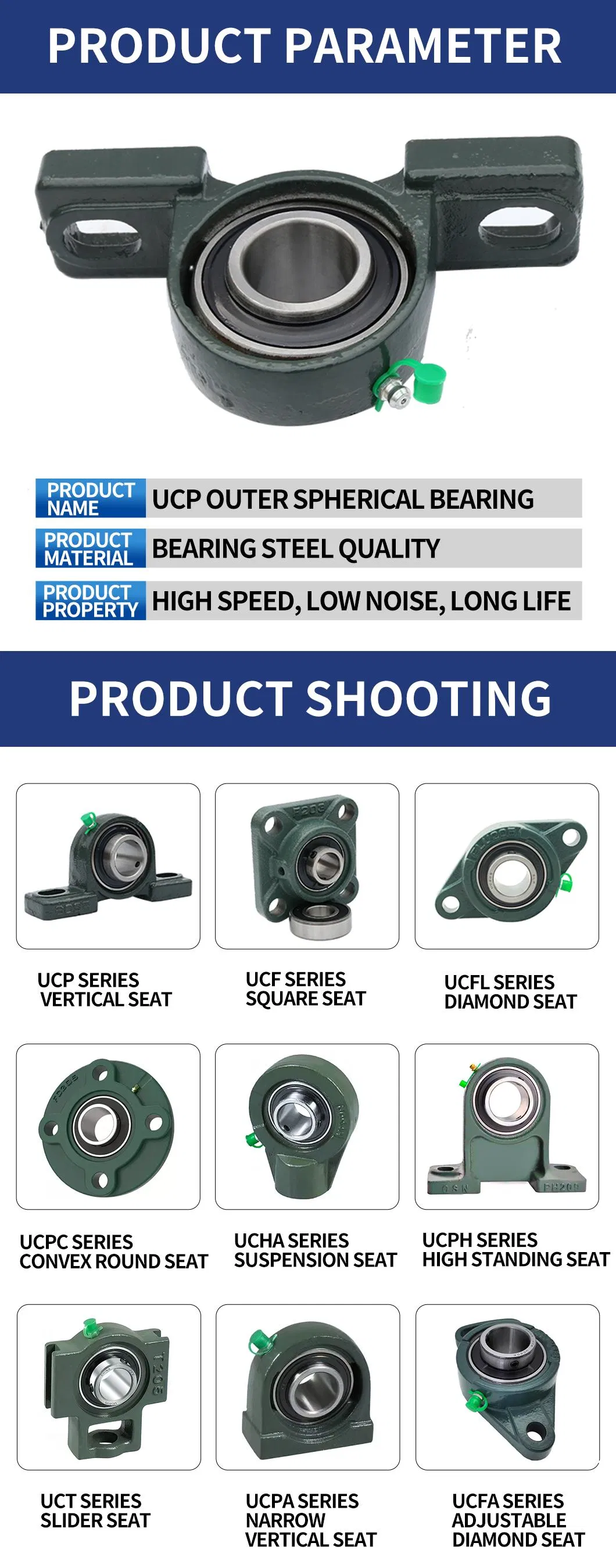 UCP Outer Spherical Bearing/Seat Bearing/UCP Bearing/Vertical Seat/Pillow Block Bearing UCP201 UCP202 UCP203 UCP204 Outer Spherical Bearing with Vertical Seat